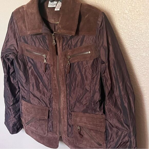 Chico's Metallic Brown Nylon and Leather Jacket Zip Front Jacket Size 1/Medium - Picture 4 of 12